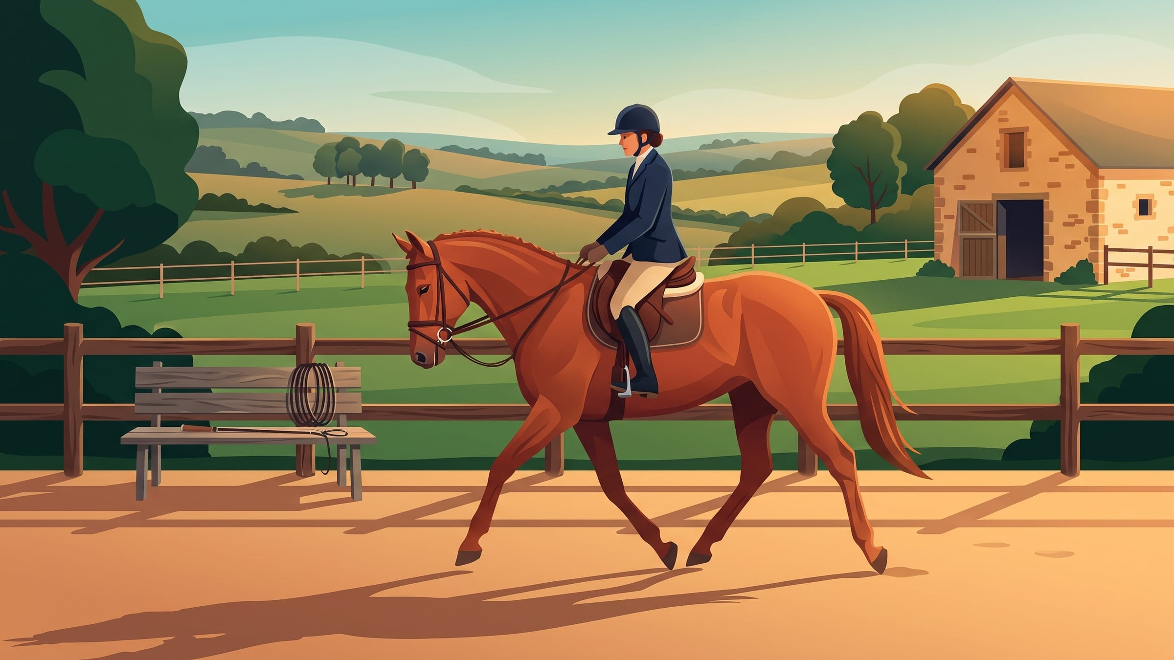 Une cavalière trotte sur un cheval alezan dans une carrière, une longe et une chambrière posées sur un banc, devant une écurie en pierre.